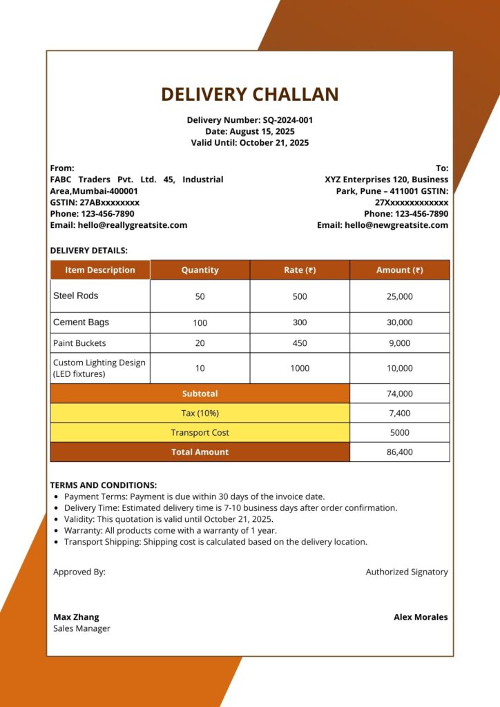 Free Delivery Challan Format Samples